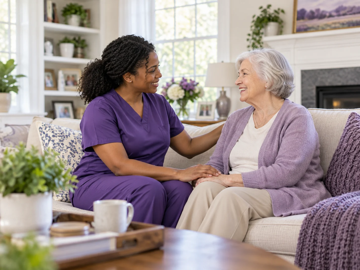 Caregiver and older adult sharing a thoughtful home care conversation