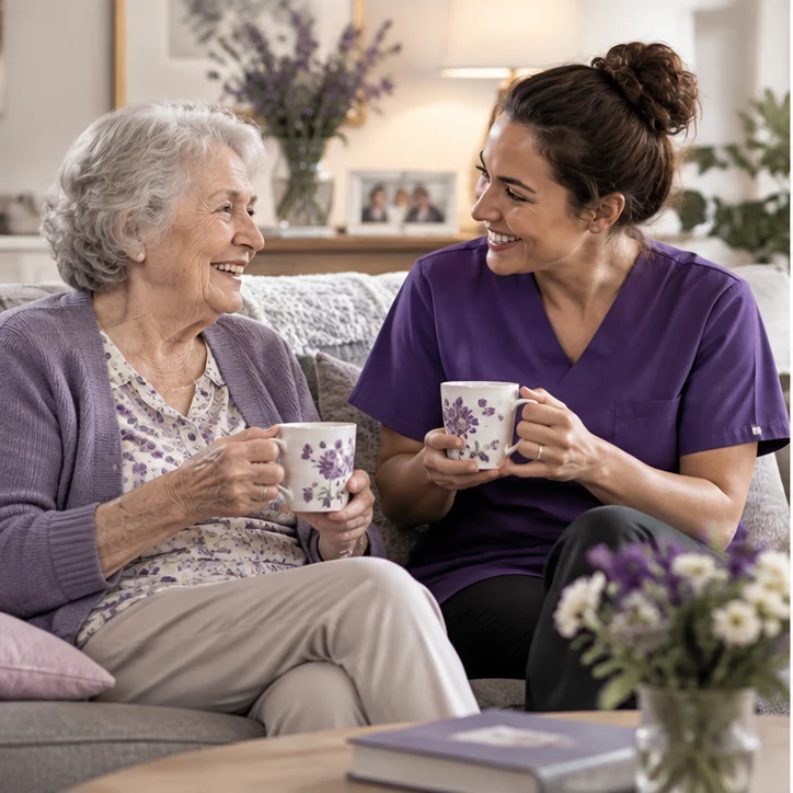 Caregiver sharing a warm conversation with an older adult