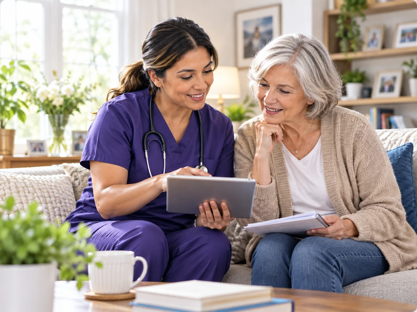 Nurse and older adult reviewing care information together at home