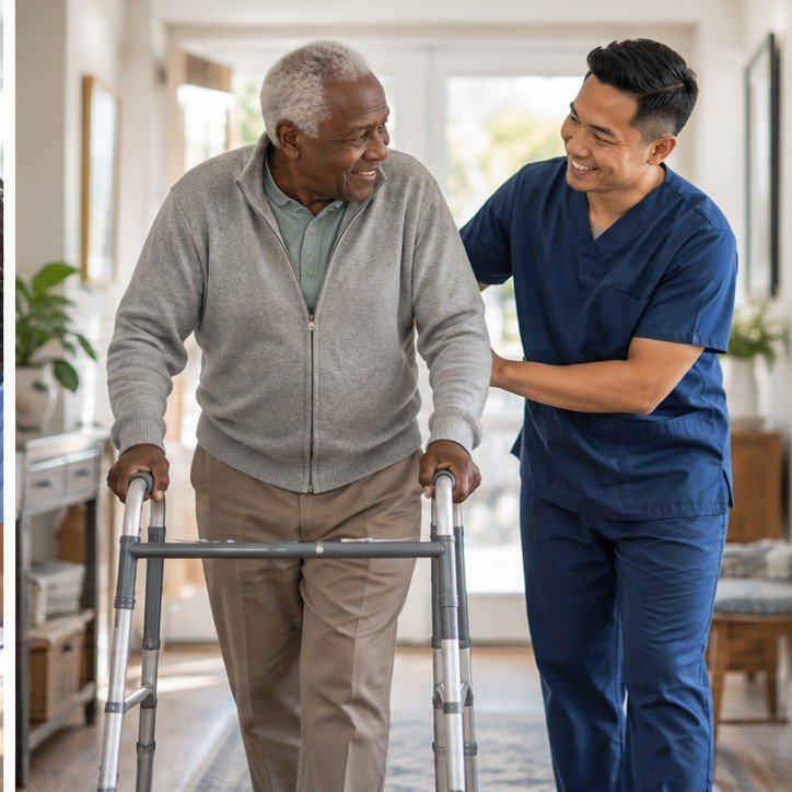 Caregiver helping an older adult with mobility