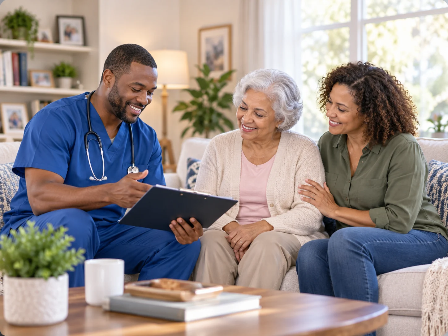 Caregiver and older adult sharing a warm conversation at home
