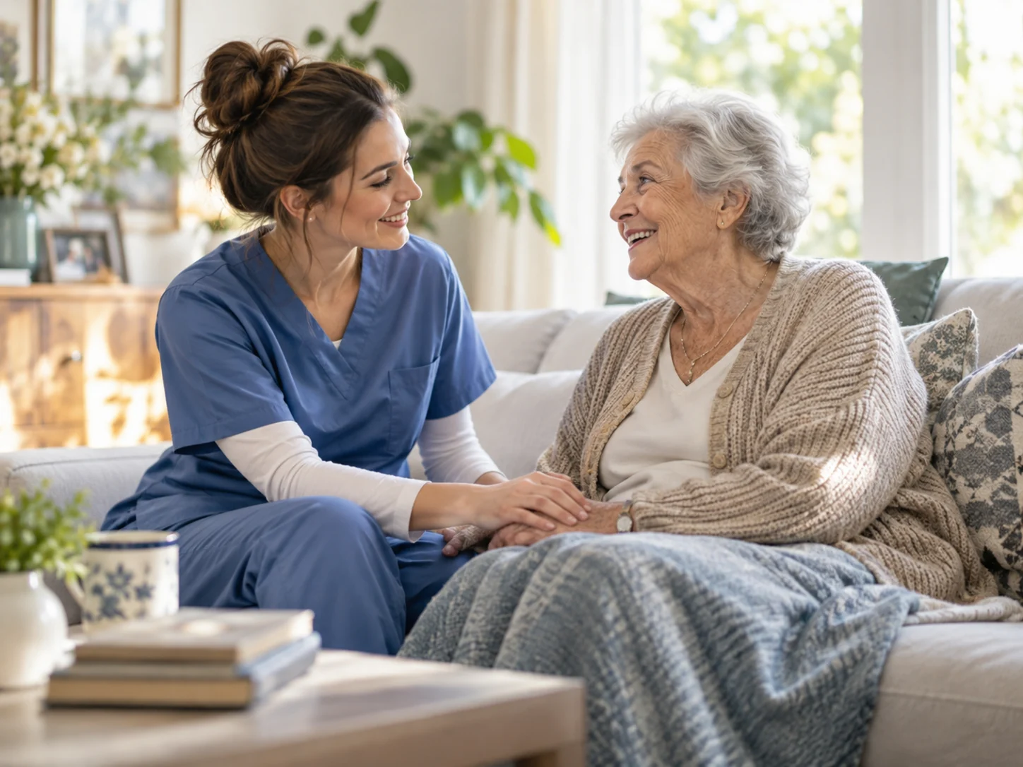 Home health professional supporting an older adult with compassion