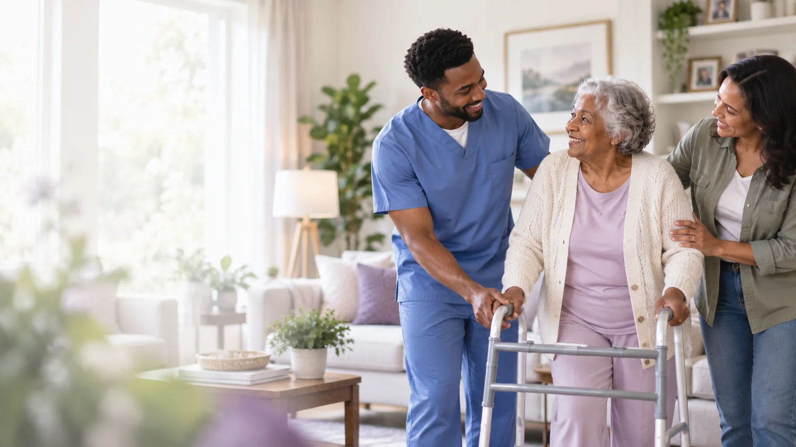 Home health nurse reviewing a care plan with an older adult and family member