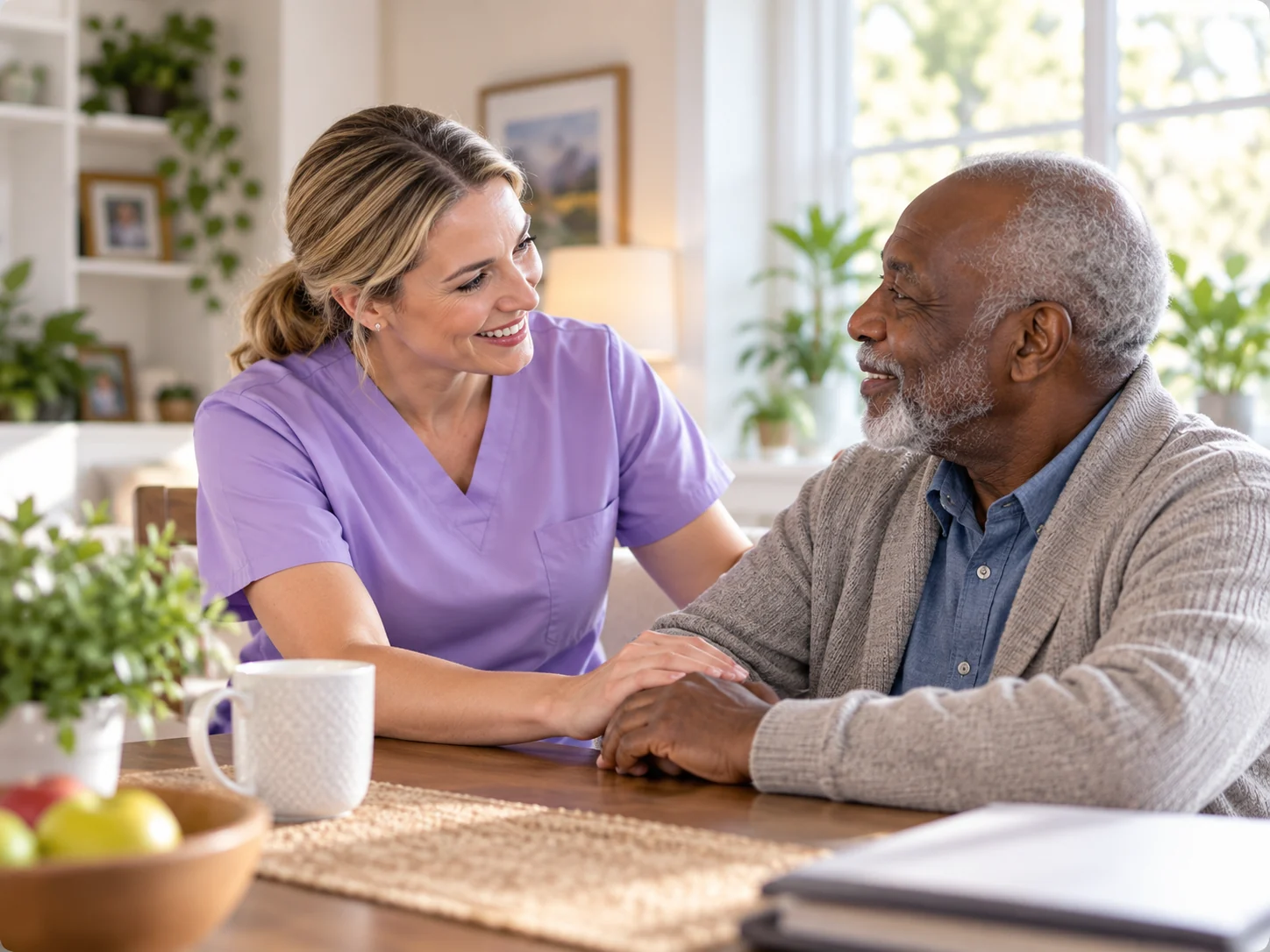Home health professional reviewing care information with a patient and family member